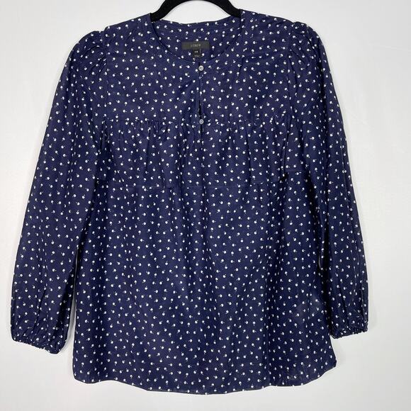 J Crew Womens 2XS Navy Blue Ruffle Tiny Cherries Printed Blouse Top Long Sleeve - Picture 1 of 14